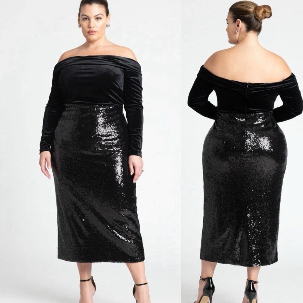 Eloquii Off The Shoulder Velvet And Sequin Black Evening Party Dress 14/16